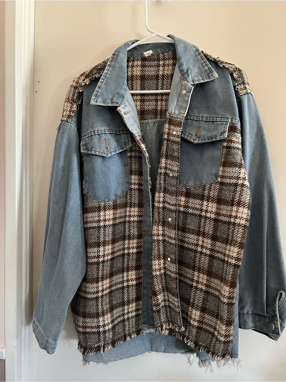 Light Blue Denim and Brown Plaid Mixed-Media Jacket - Women's